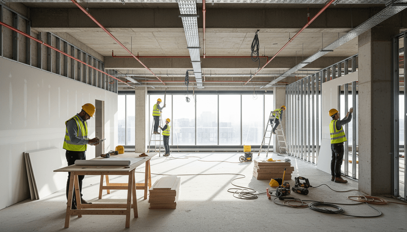 Obra de remodelação comercial em execução, com plantas e capacete de obra