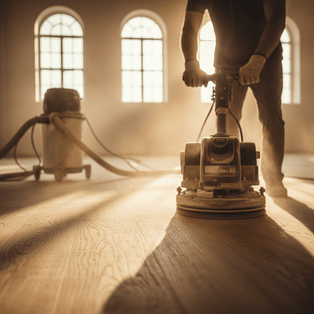 Close-up of skilled tradesperson's hands operating hardwood floor sanding machine with golden dust particles in sunlight