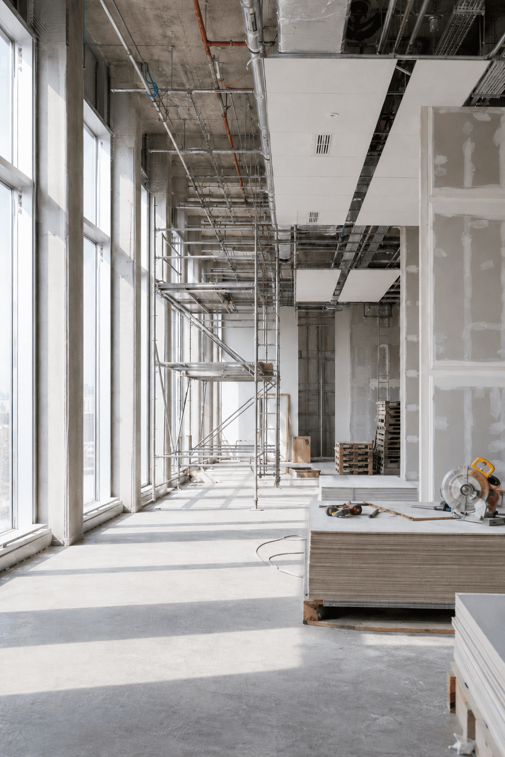 Interior de edifício em obras com andaimes, janelas grandes e ferramentas sobre pilhas de gesso.