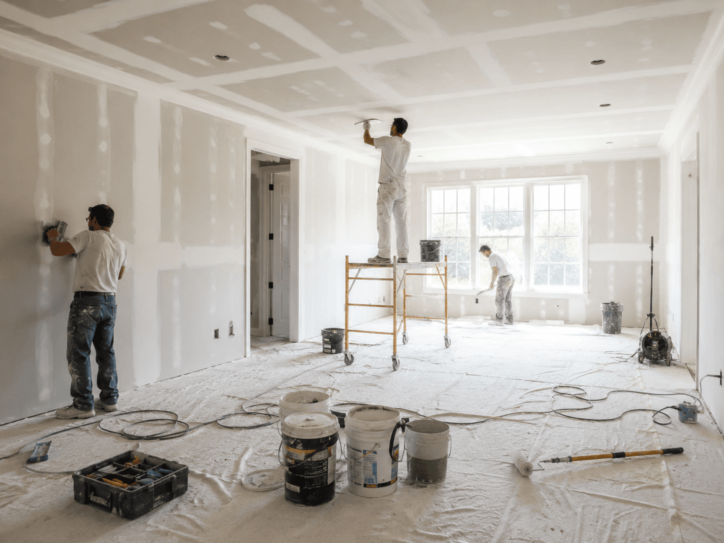 Três trabalhadores aplicando massa em drywall em uma sala ampla com ferramentas e lonas.