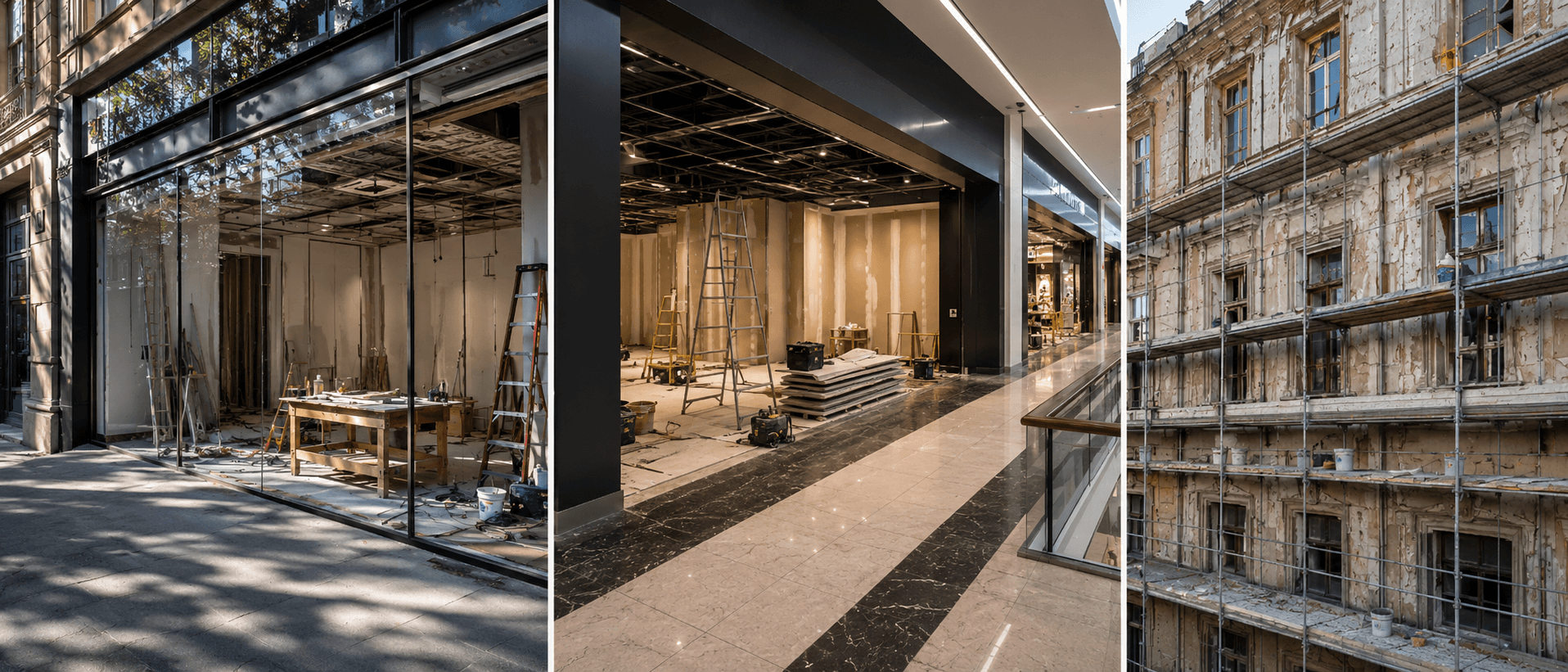 Colagem mostrando renovação de vitrine, interior de shopping e fachada de prédio antigo com andaimes.